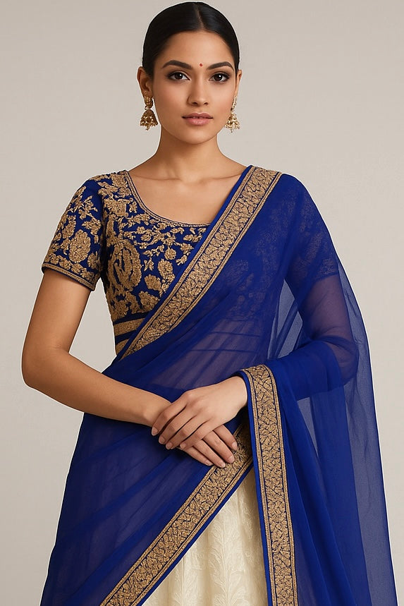 Alquiler Lehenga Azul Royal y Marfil con Bordado Dorado