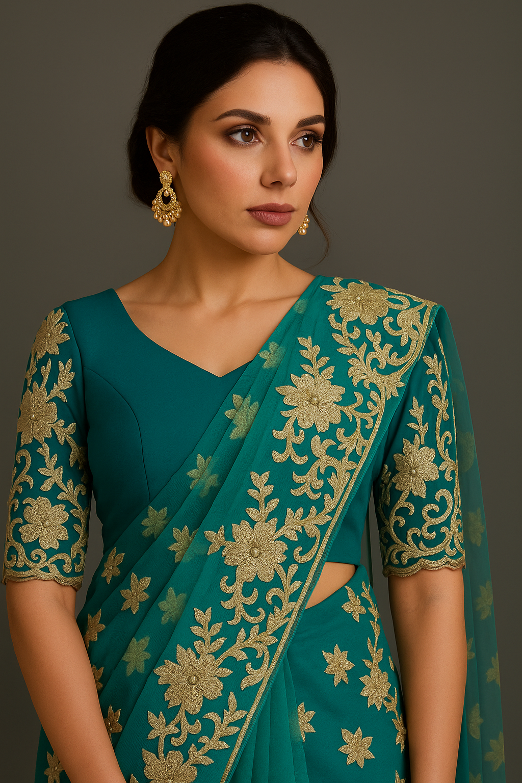 Alquiler Saree Verde Esmeralda con Bordado Dorado
