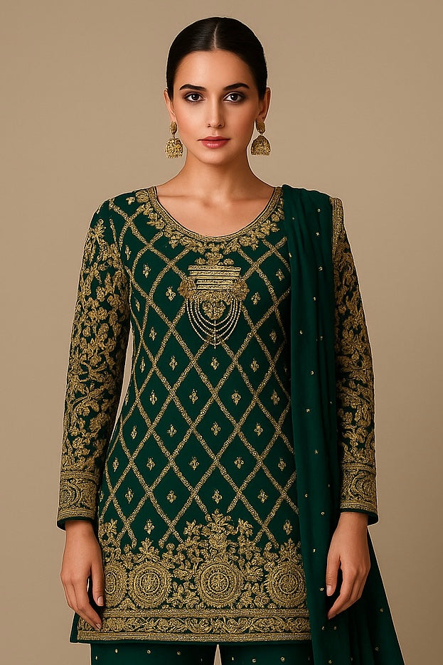 Alquiler Sharara Verde Esmeralda con Bordado Dorado