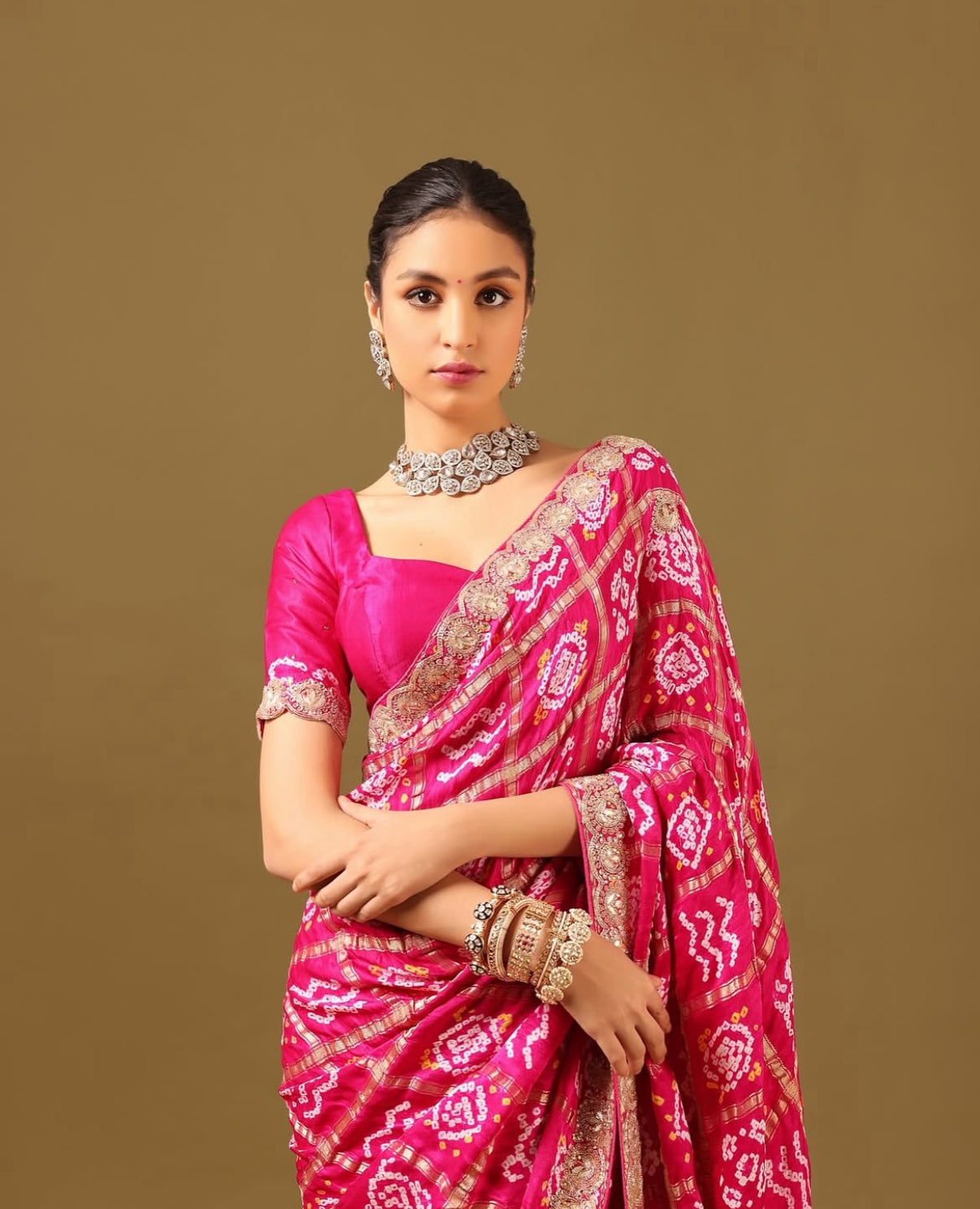 Alquiler de Saree Fucsia estampado