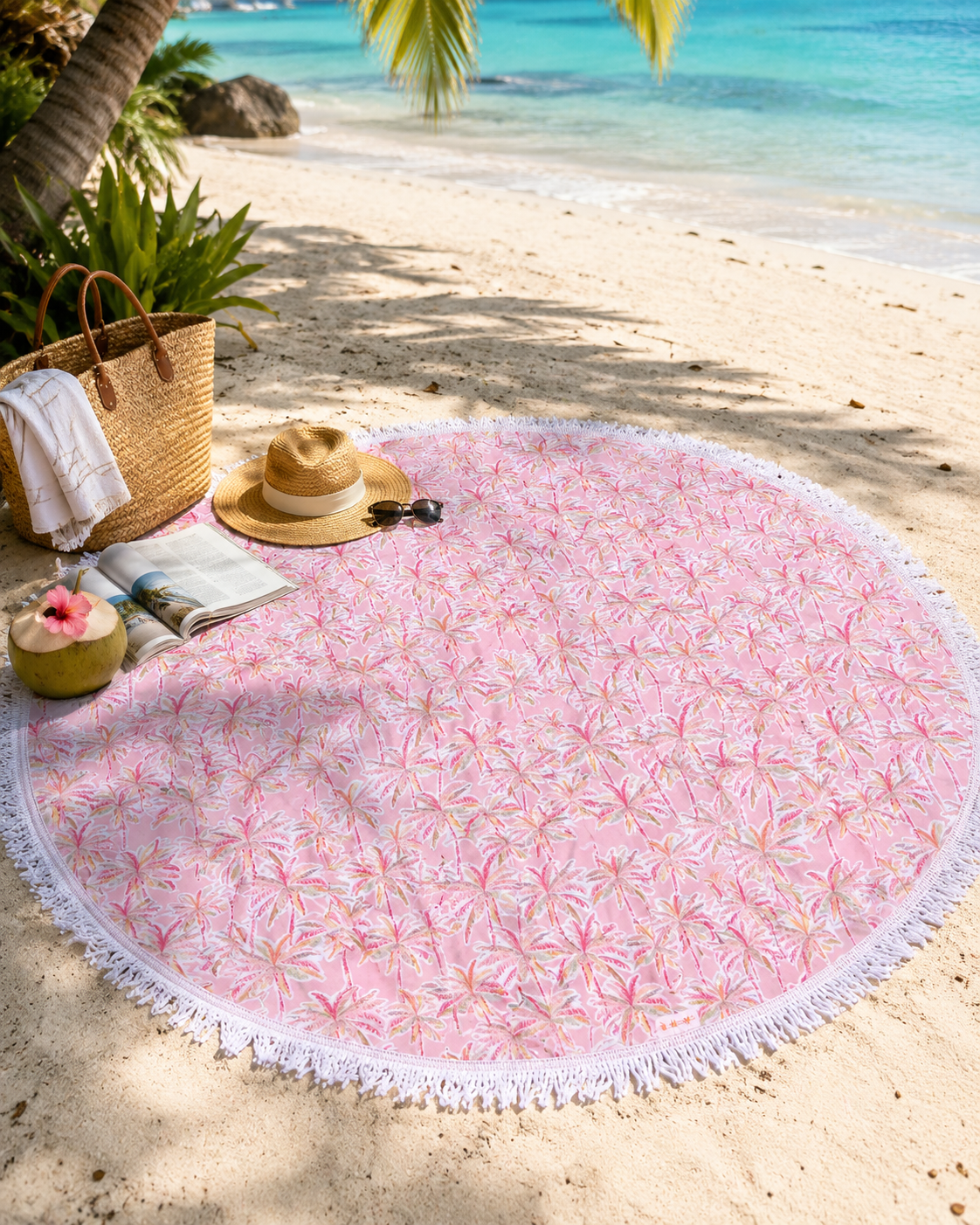 Toallas Playeras redondas Palmeras Rosadas