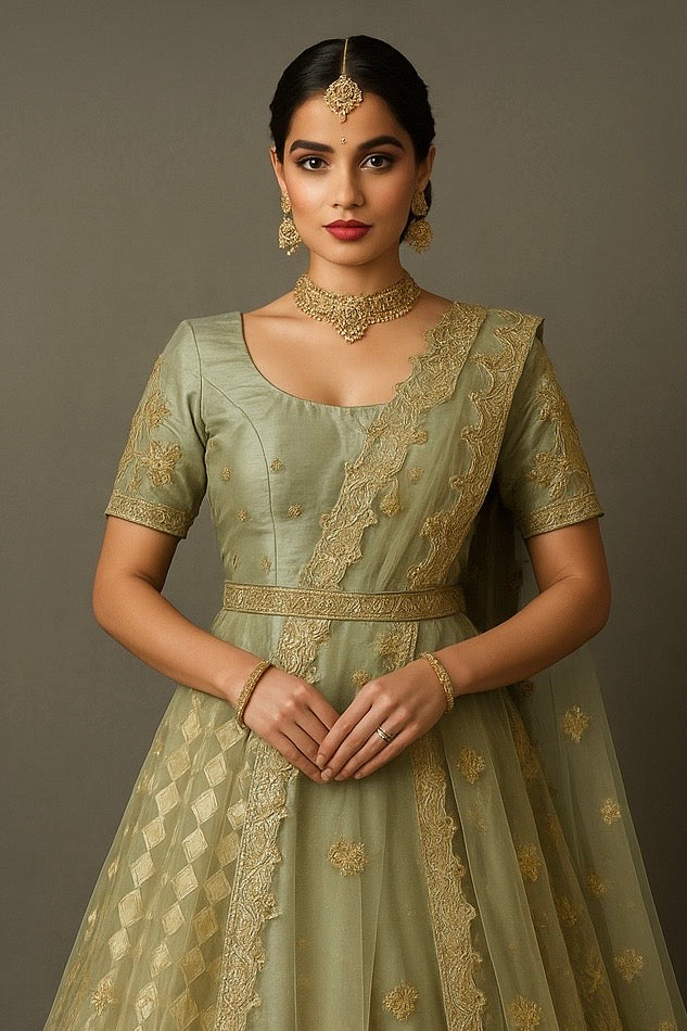Alquiler Lehenga Verde Oliva con Bordado Dorado