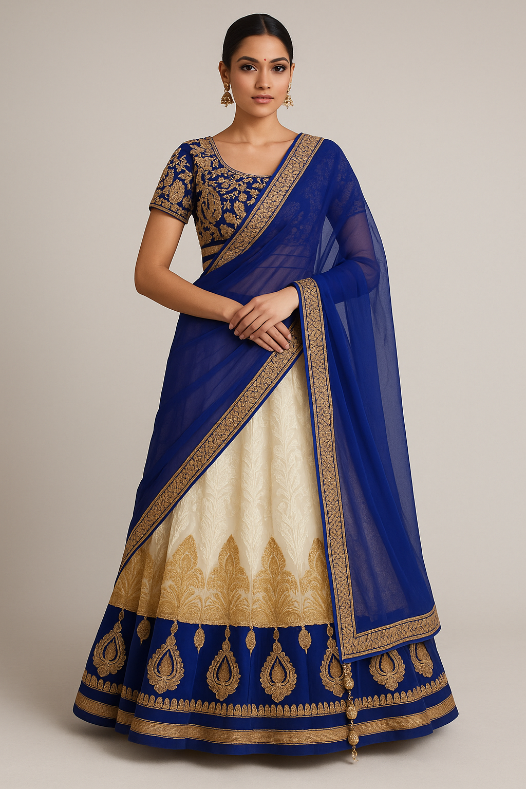 Alquiler Lehenga Azul Royal y Marfil con Bordado Dorado