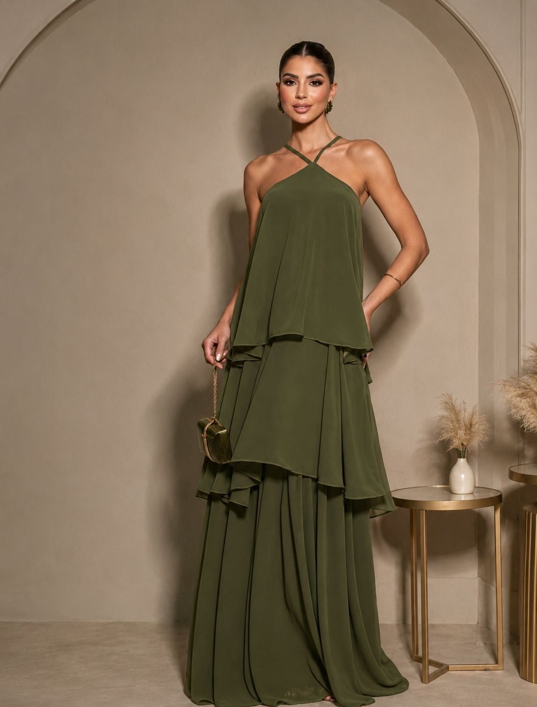 VESTIDO TIRAS EN V VERDE OLIVO