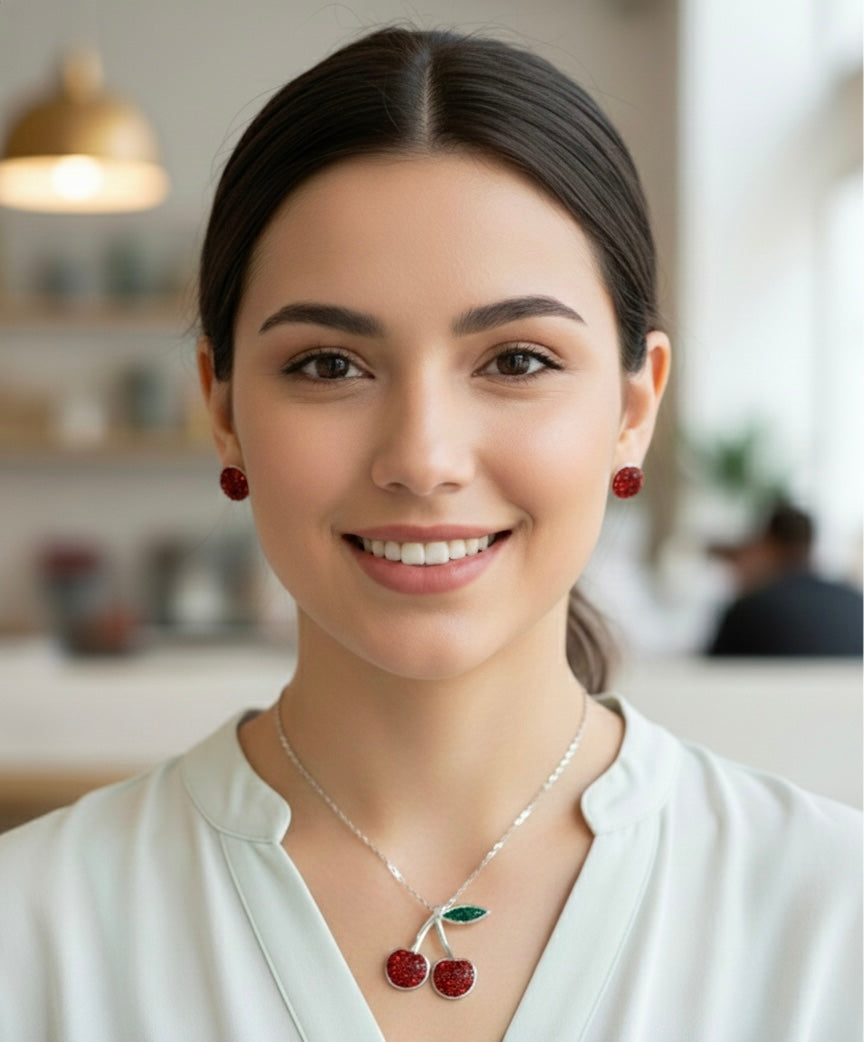 Juego de collar con aretes de plata 925 dije cereza grande con cristales