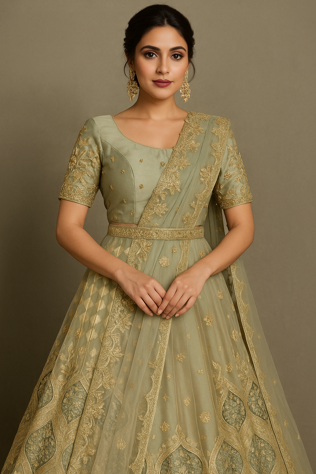 Alquiler Lehenga Verde Oliva con Bordado Dorado
