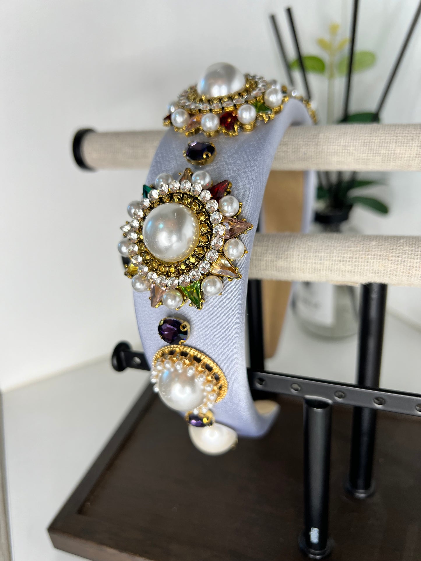 Diadema con diseño de perla celeste 02712