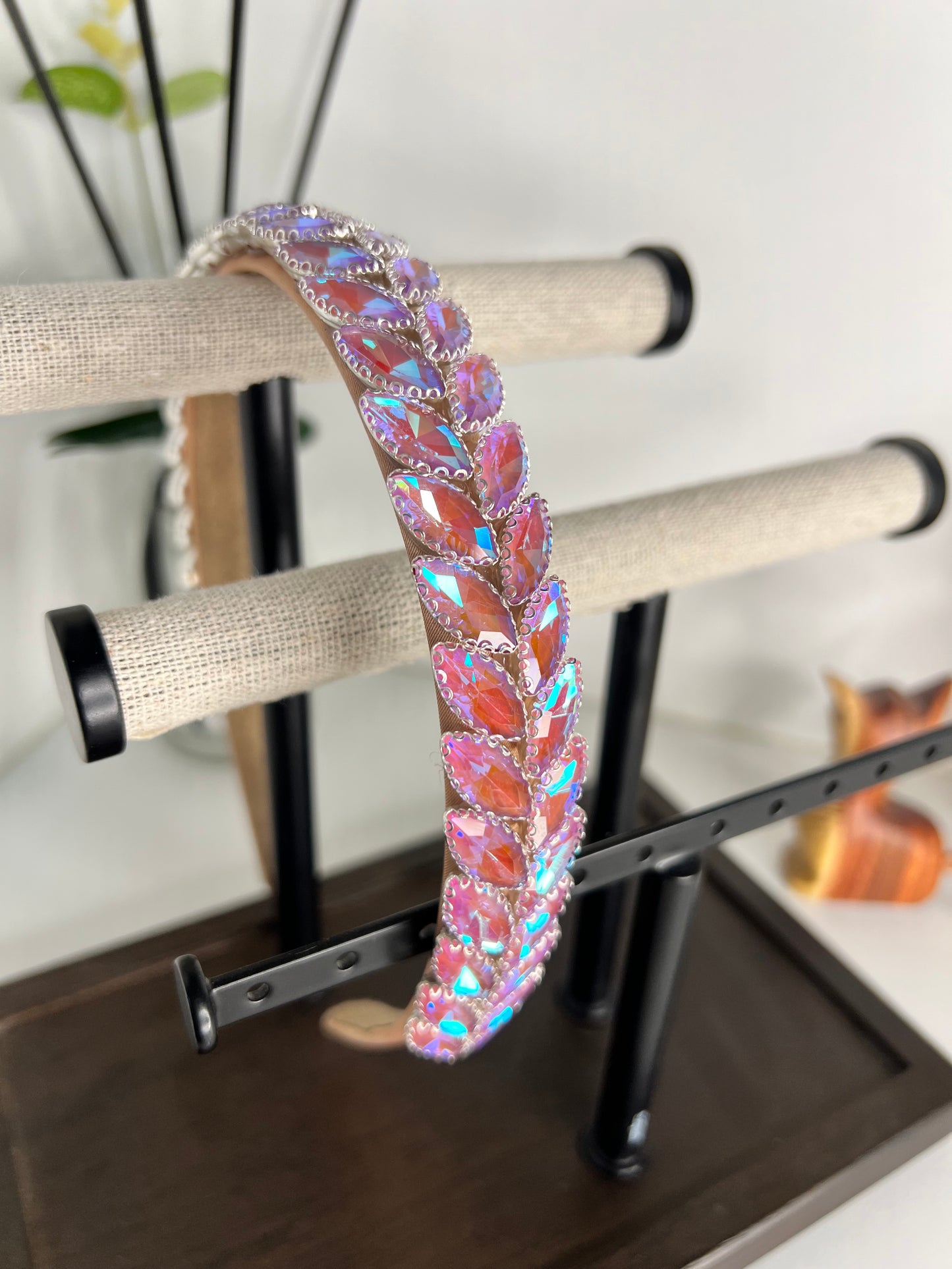Diadema con diseño de hojas de cristal 02202