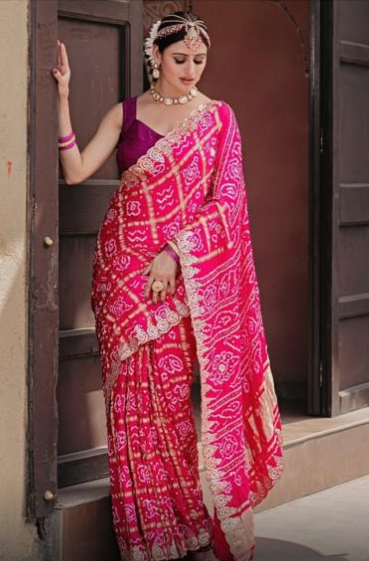 Alquiler de Saree Fucsia estampado