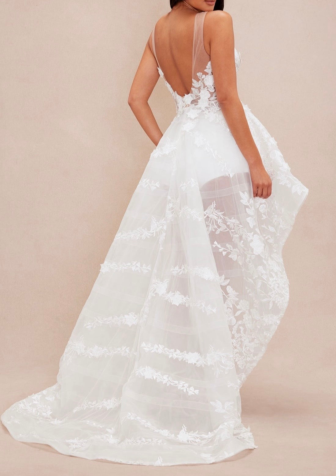 Alicia Embroidered High Low Gown - White