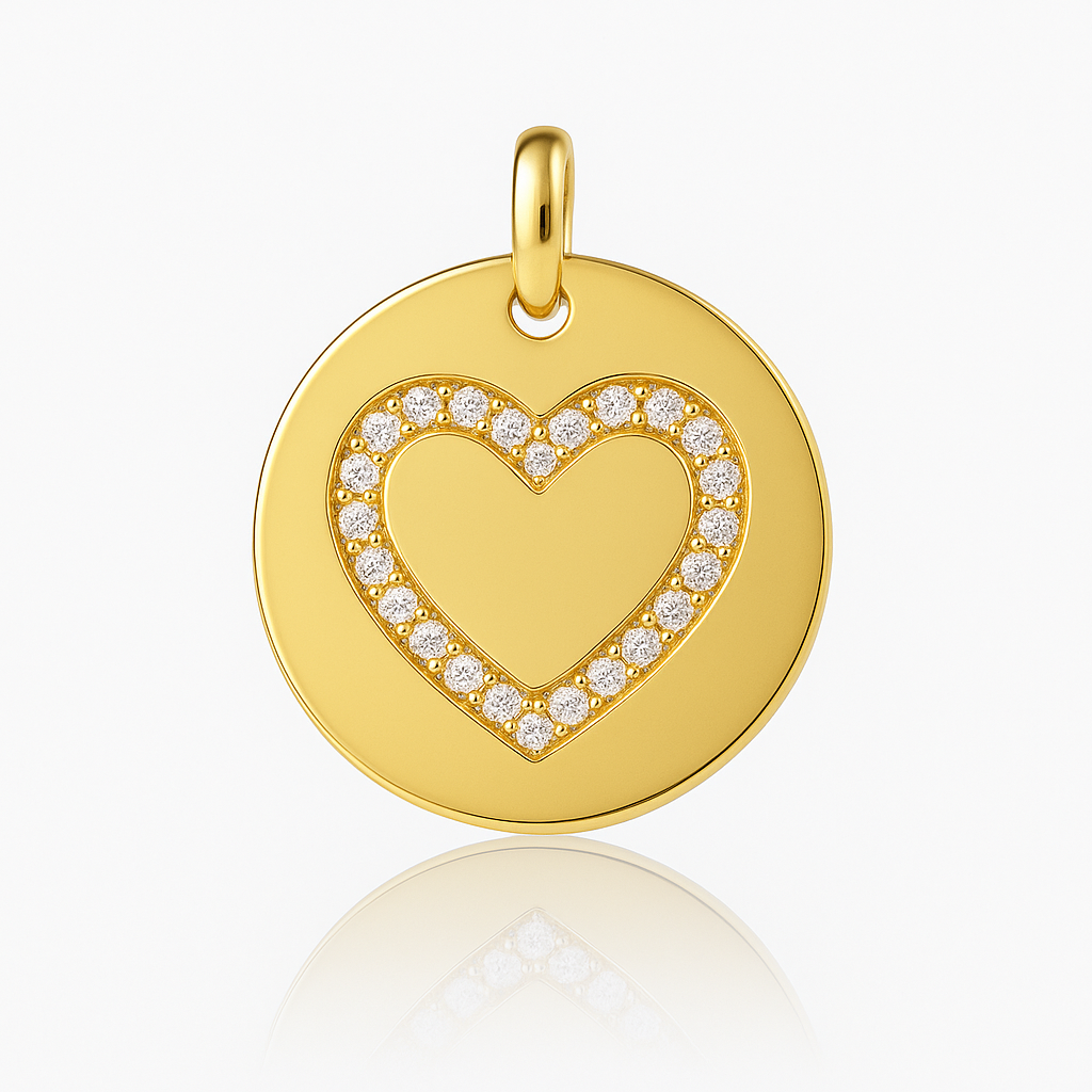 DIJE CIRCULAR CON SILUETA DE CIRCON EN CORAZON