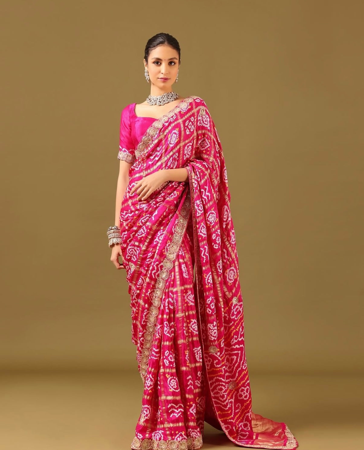 Alquiler de Saree Fucsia estampado