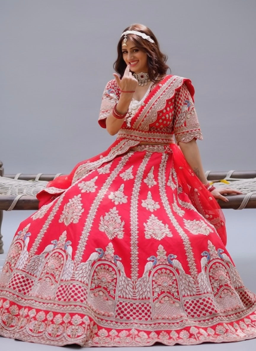 Alquiler Lehenga de Novia Rojo con Bordado Dorado