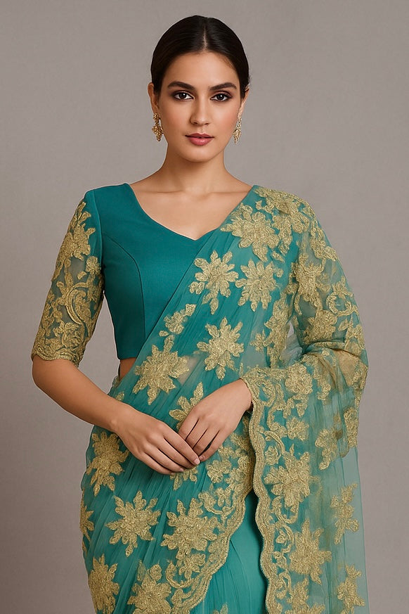 Alquiler Saree Verde Esmeralda con Bordado Dorado