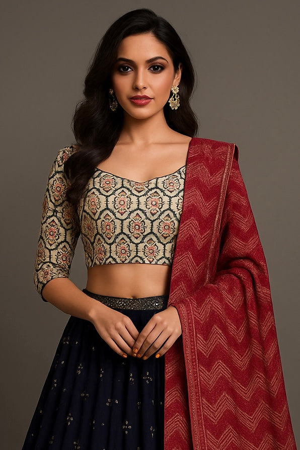 Alquiler Lehenga Azul Noche con Blusa Estampada y Dupatta Vino