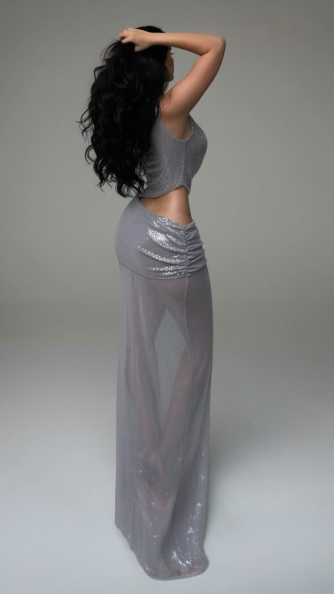 PLT Label Grey Sequin Asymmetrical Plunge Maxi Dress