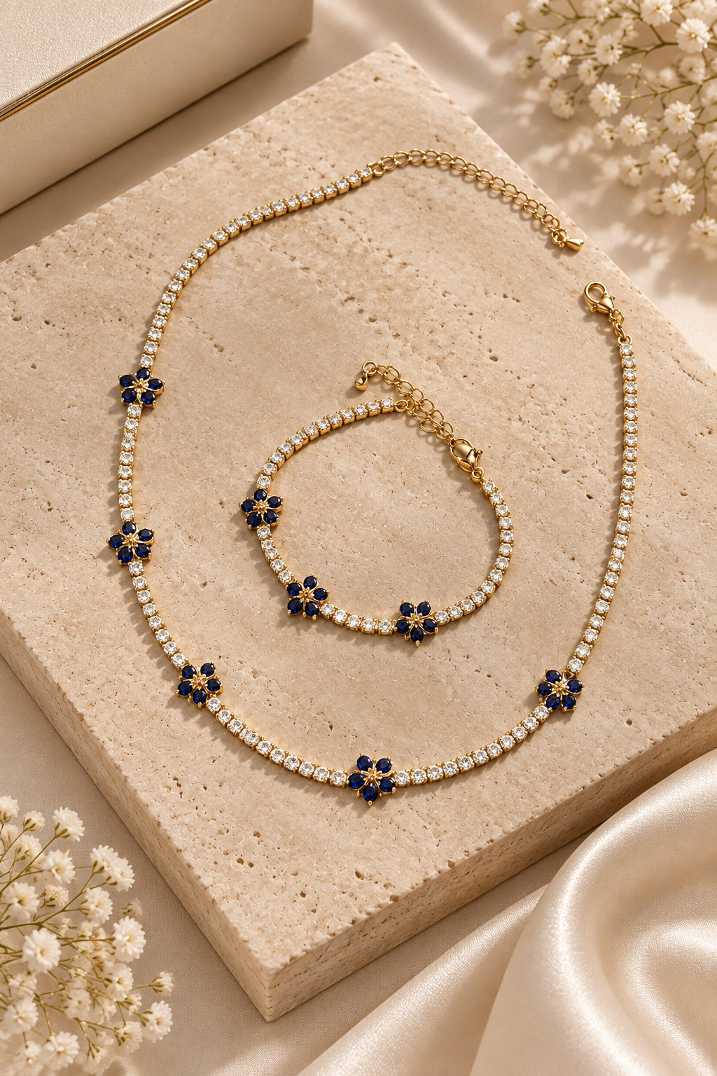 SET PULSERA Y COLLAR TENIS CON DETALLES DE FLOR AZUL ZAFIRO
