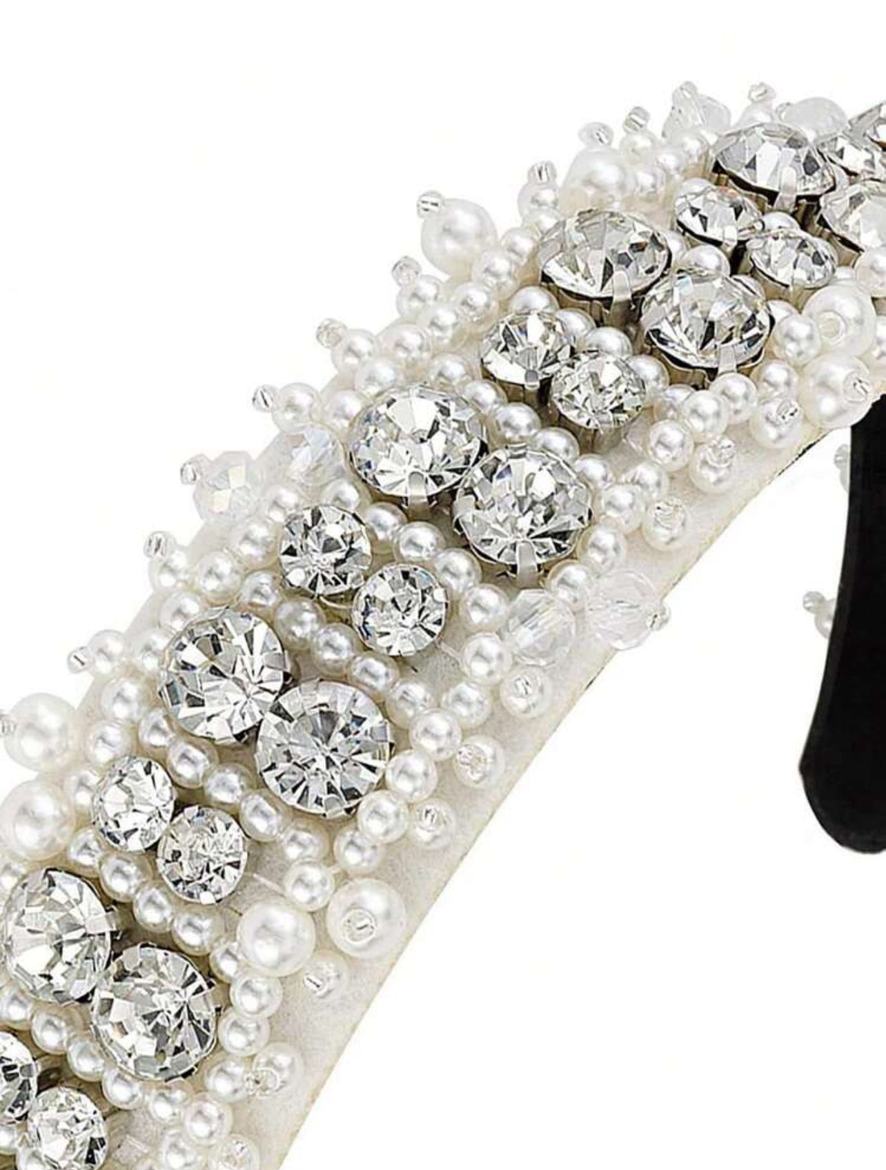 Diadema blanca con plateado de perlas pequeñas y réplica de diamantes 02728