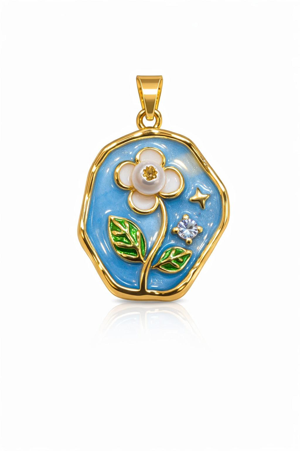 DIJE DE MEDALLA FONDO CELESTE CON FLOR Y PERLA EN CENTRO