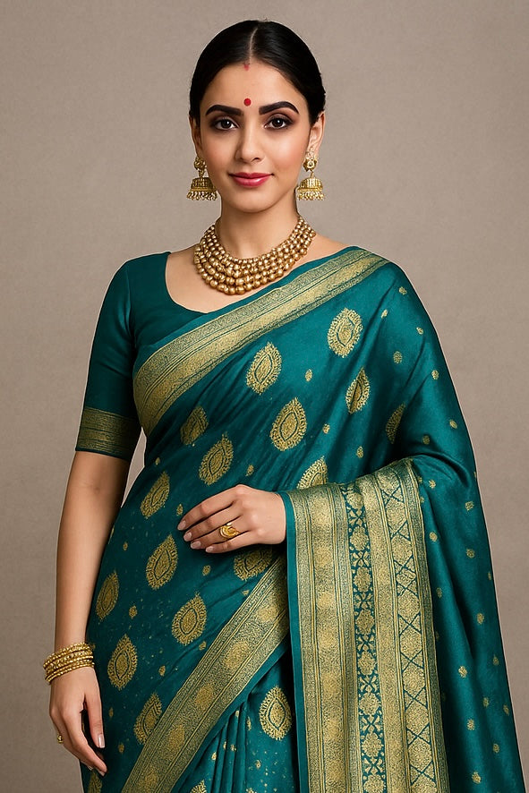 Alquiler Saree Banarasi Verde Esmeralda con Bordado Dorado