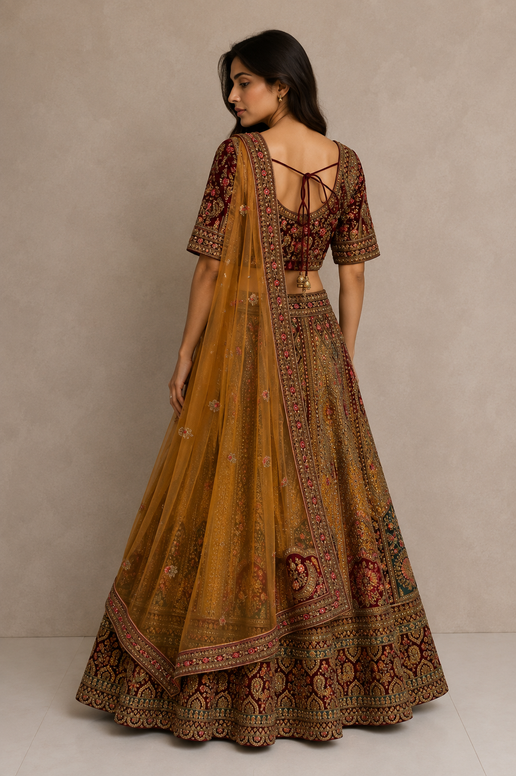 Alquiler Lehenga de Novia Mostaza y rojo vino