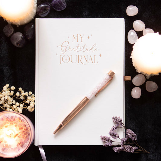 Diario de Gratitud + Bolígrafo Cuarzo Rosa / Gratitude Journal + Rose Quartz Pen
