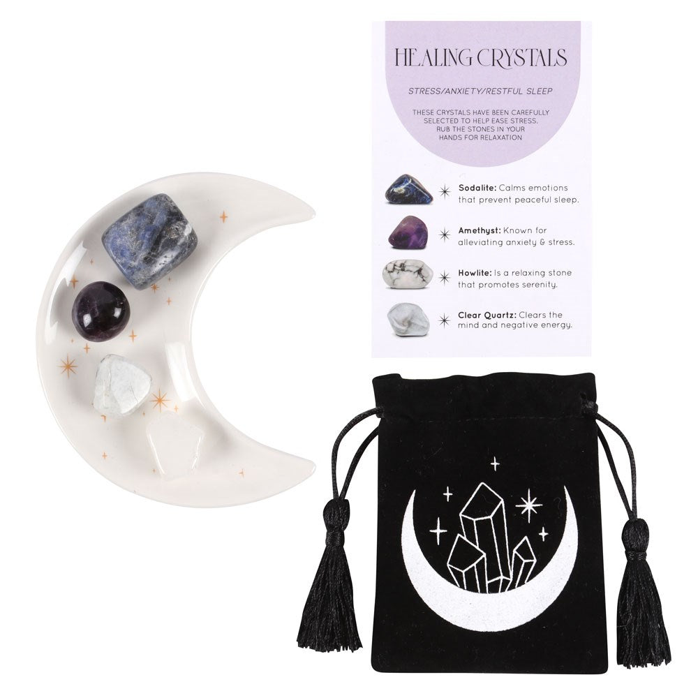 Set de cristales para aliviar el estrés/tensión con platito en forma de luna