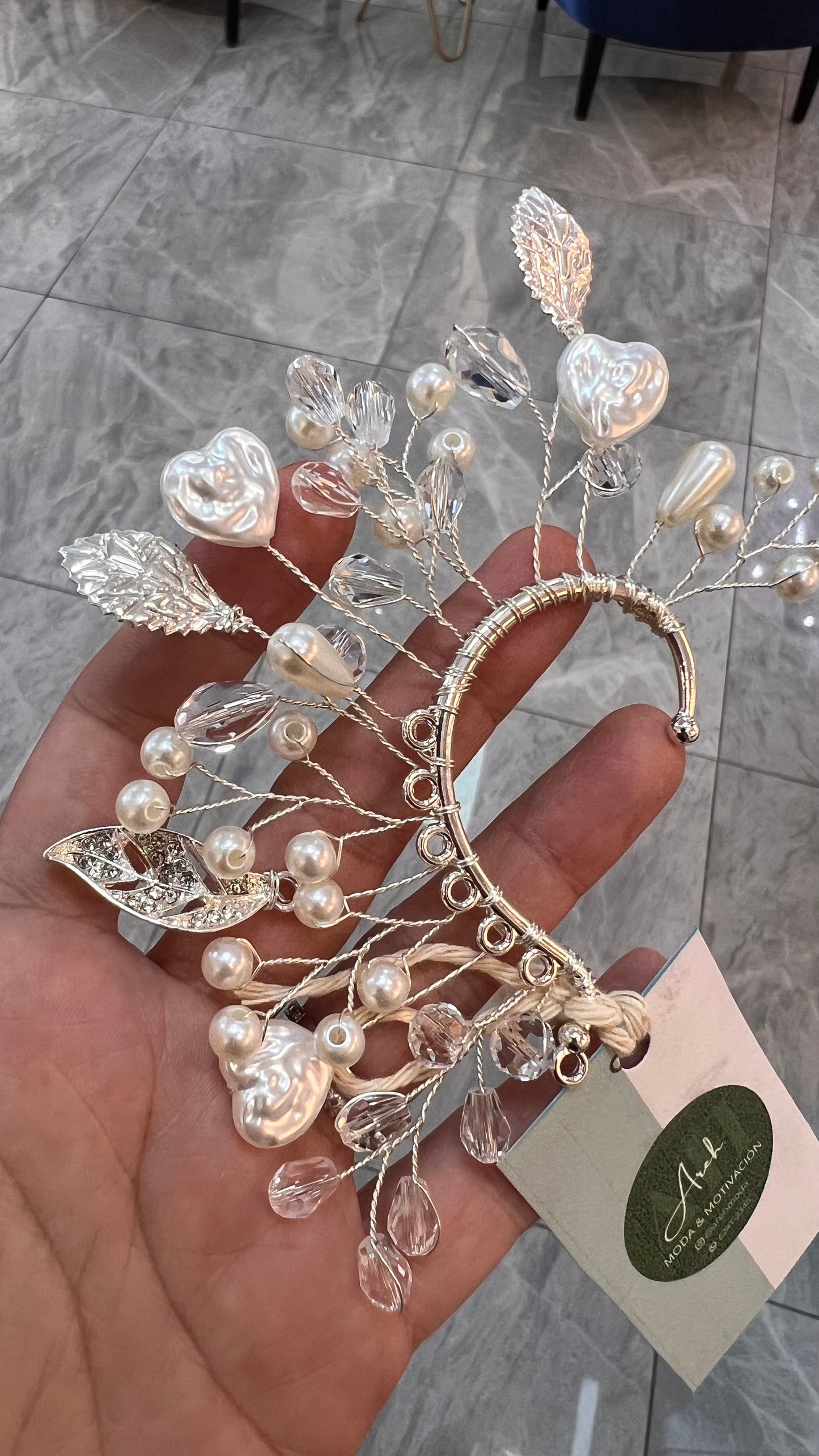 Earcuf hojas, perlas y corazones 01516a