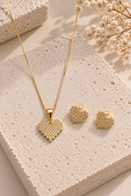 Set corazón acero y rodio baño de oro