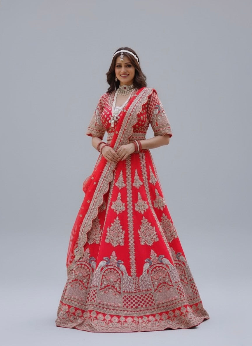 Alquiler Lehenga de Novia Rojo con Bordado Dorado