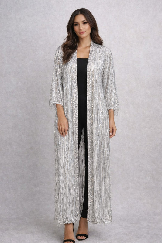 Kimono de lentejuelas plateadas largo