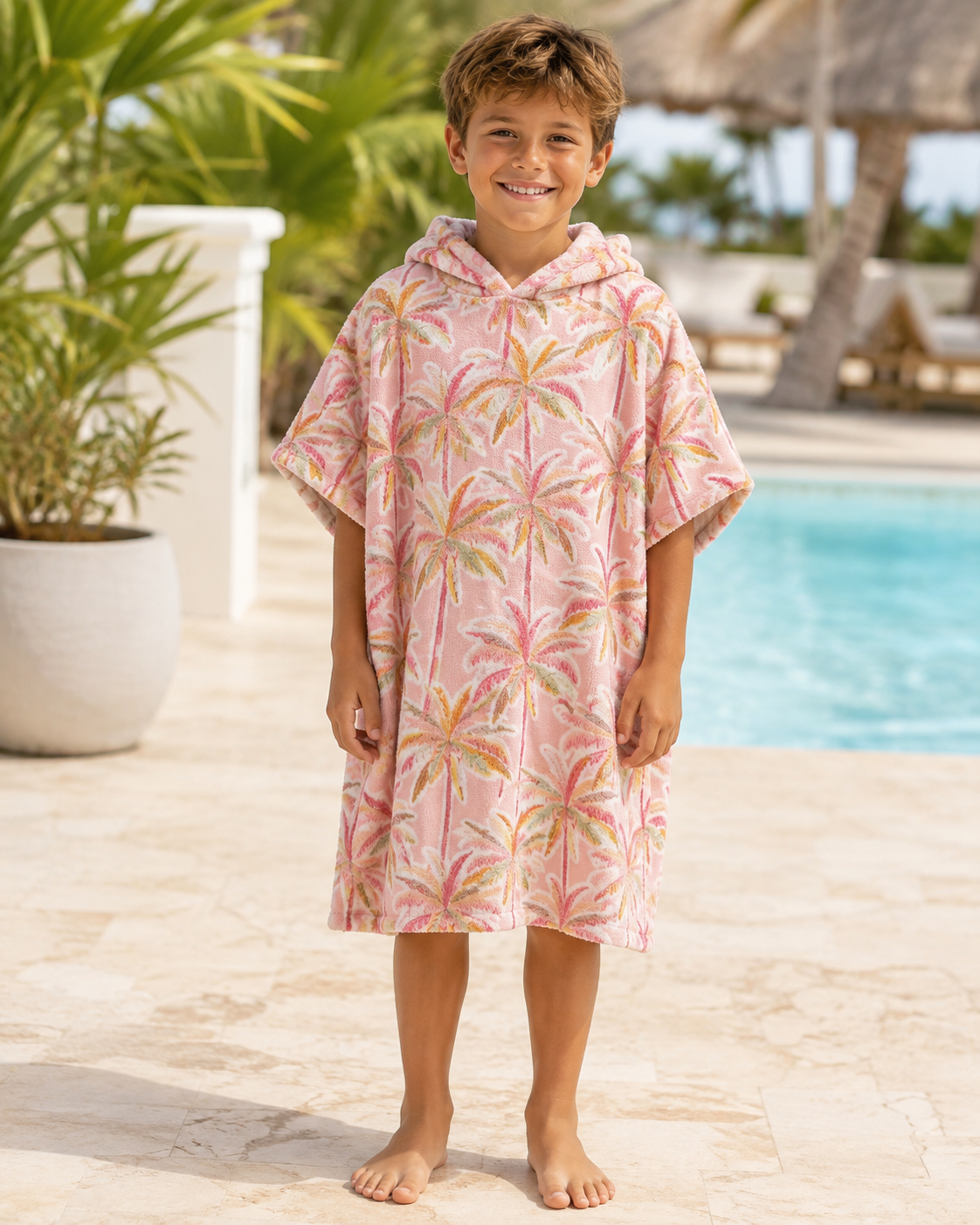 Poncho Microfibra Grandes (7  años +) Rosado con Palmeras