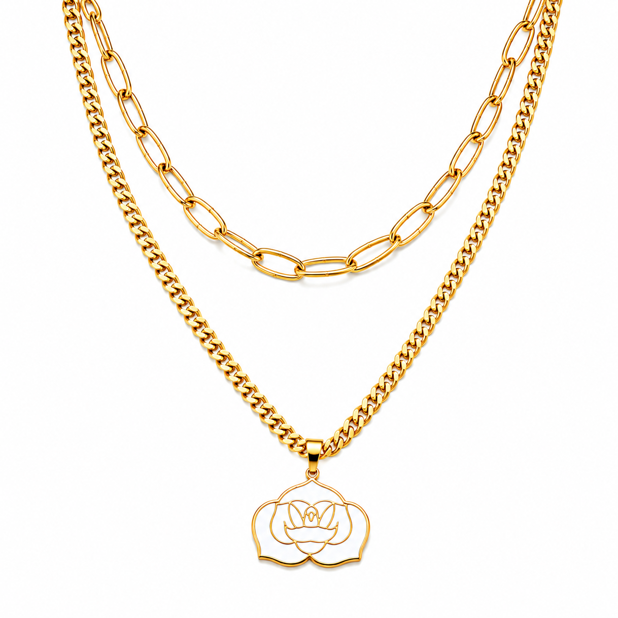 Collar Dorado Flor del Espiritu Santo blanco esmaltado