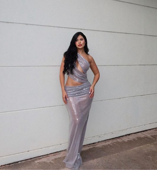 PLT Label Grey Sequin Asymmetrical Plunge Maxi Dress