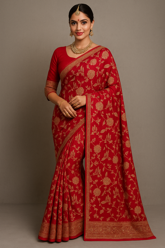 Alquiler Saree Banarasi Rojo con Bordado Dorado