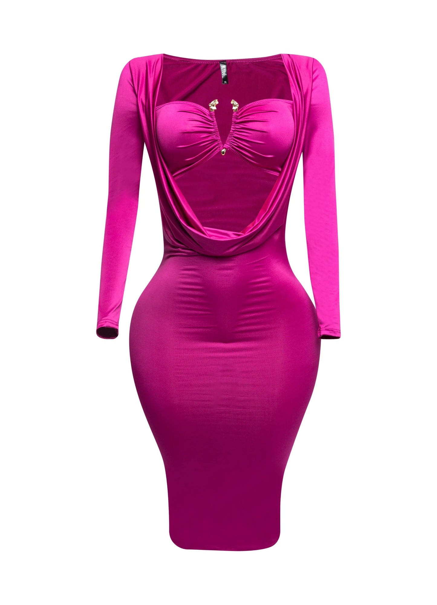Vestido magenta manga larga detalle “V” en el top