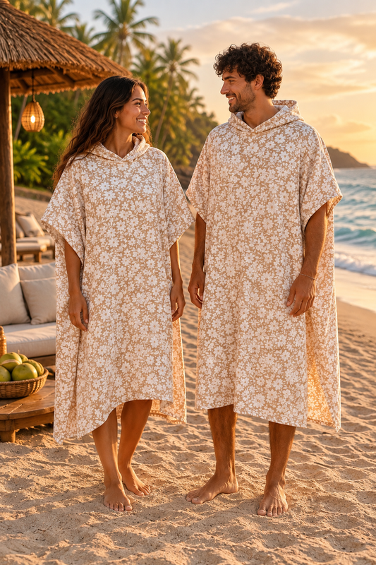 Poncho Adultos Beige con Flores Blancas