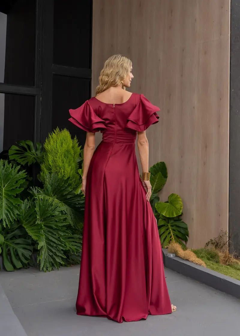 Vestido de mangas con vuelos rojo vino unicolor de seda