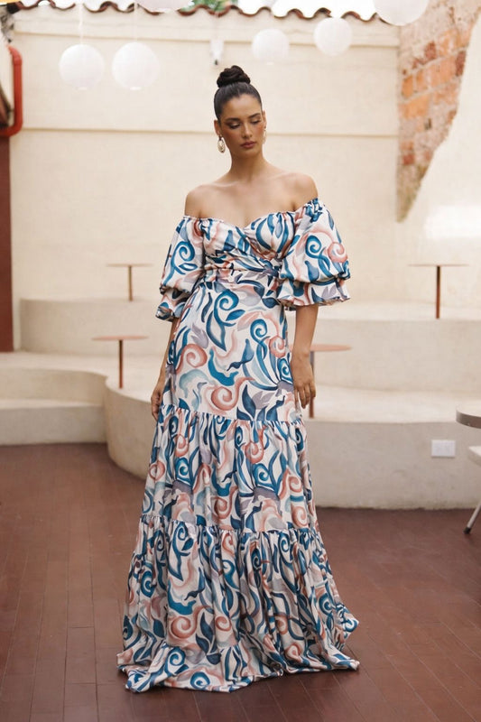 Vestido estampado de mangas off shoulder bombachas