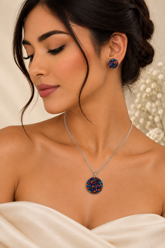 Juego de collar y aretes de plata 925 círculo con cristales de colores