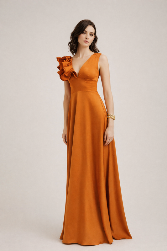 Vestido Terracota unicolor con vuelo en la manga