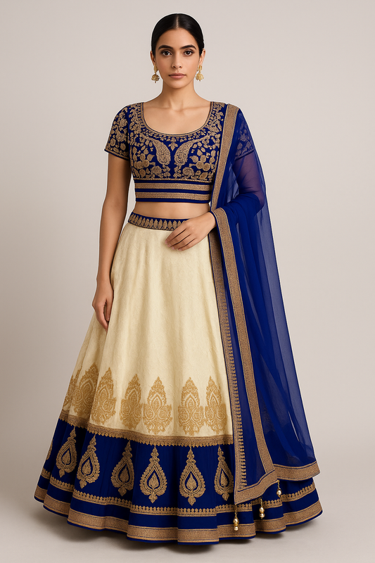 Alquiler Lehenga Azul Royal y Marfil con Bordado Dorado