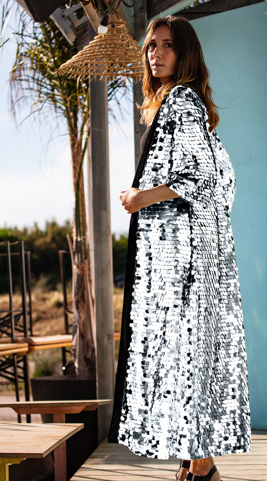 SILVER SEQUIN KIMONO IRIDESCENT CORTO