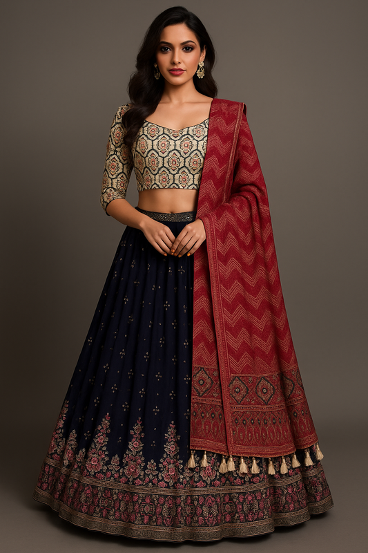 Alquiler Lehenga Azul Noche con Blusa Estampada y Dupatta Vino