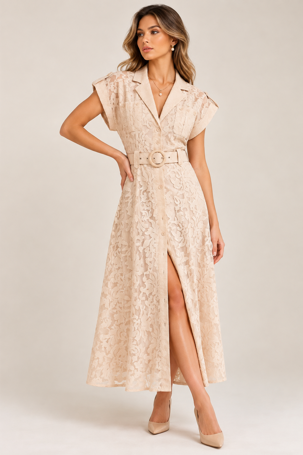 Maxi vestido con transparencia Flores Beige