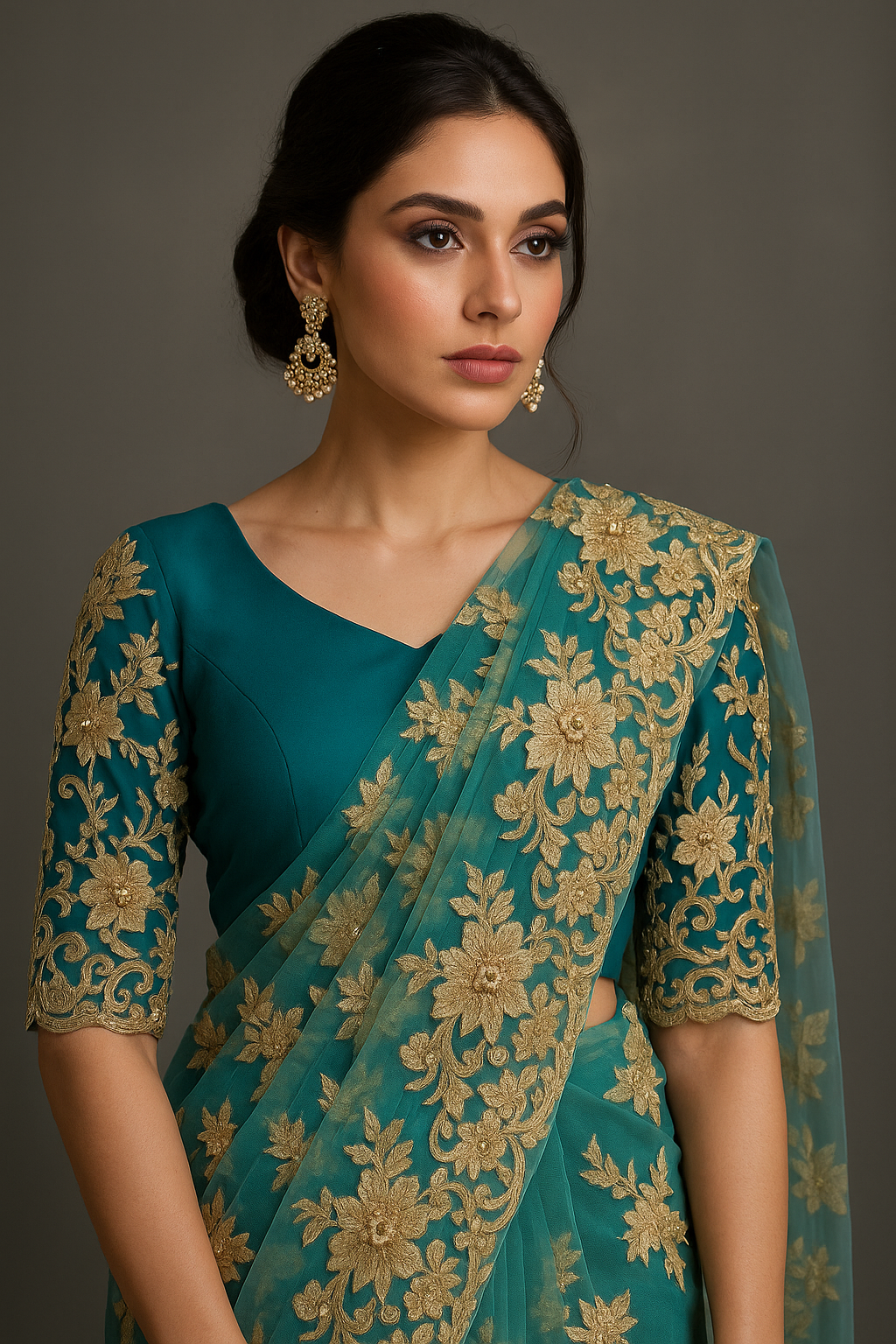 Alquiler Saree Verde Esmeralda con Bordado Dorado