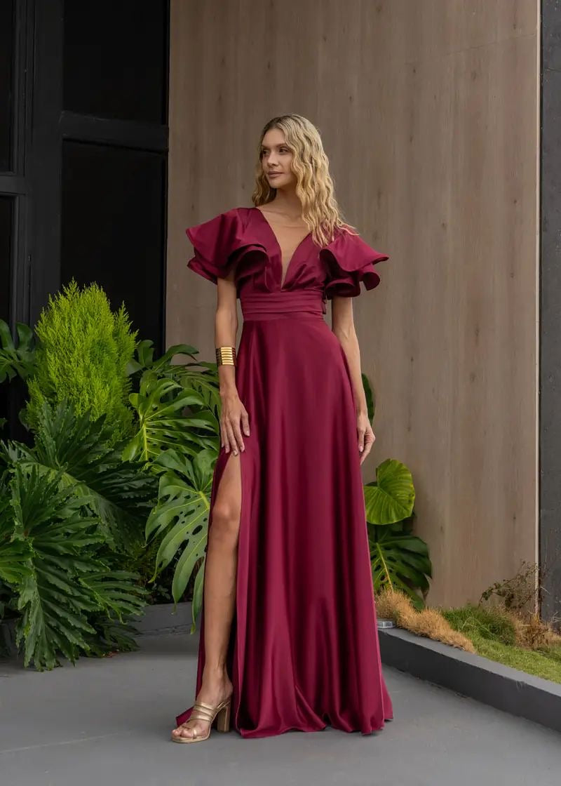 Vestido de mangas con vuelos rojo vino unicolor de seda