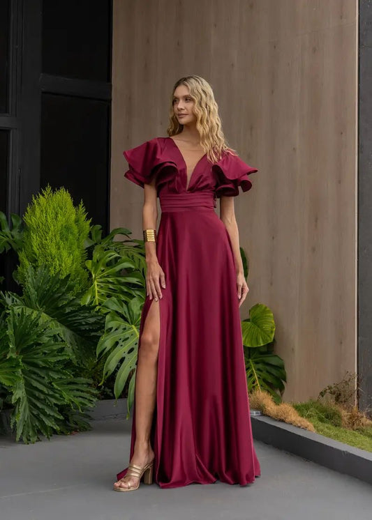 Vestido de mangas con vuelos rojo vino unicolor de seda
