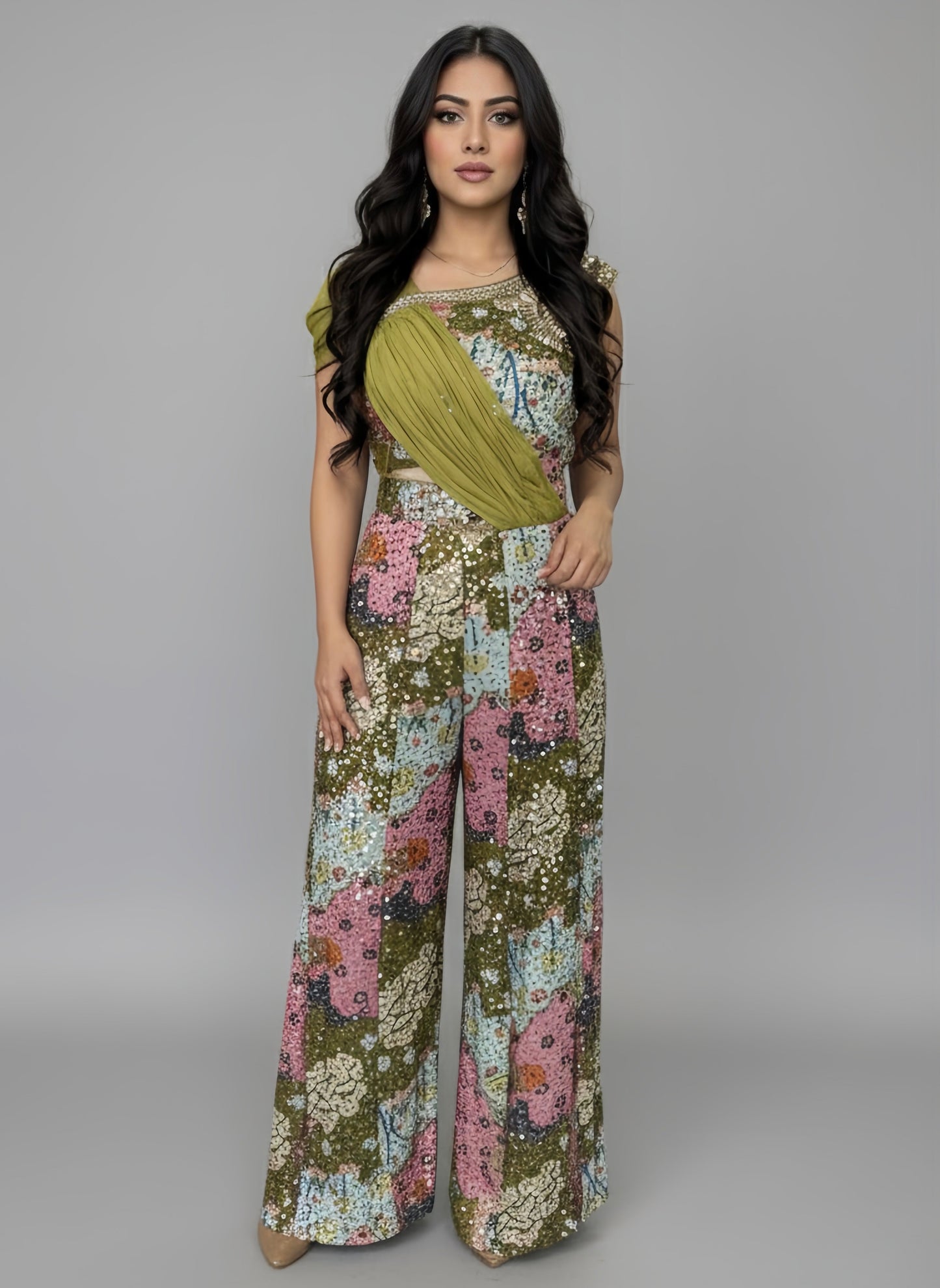 Alquiler Jumpsuit de Lentejuelas "Maharani" con Detalle Drapeado en Contraste