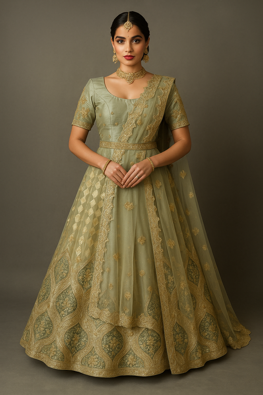 Alquiler Lehenga Verde Oliva con Bordado Dorado